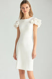 Ivory Sheath Boat Neck Ruffled Short Work Dress