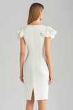 Ivory Sheath Boat Neck Ruffled Short Work Dress