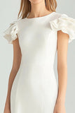 Ivory Sheath Boat Neck Ruffled Short Work Dress