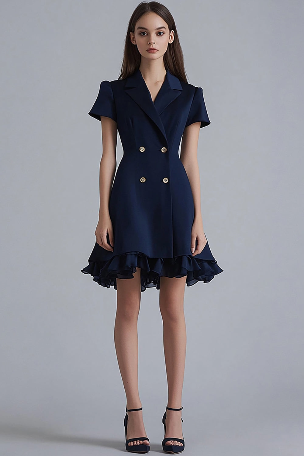 Navy Notched Lapel A Line Ruffled Short Work Dress