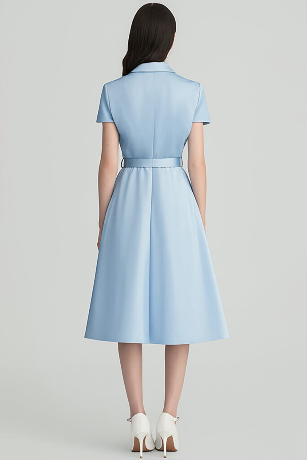 Sky Blue Notched Lapel A Line Midi Work Dress with Belt
