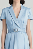 Sky Blue Notched Lapel A Line Midi Work Dress with Belt