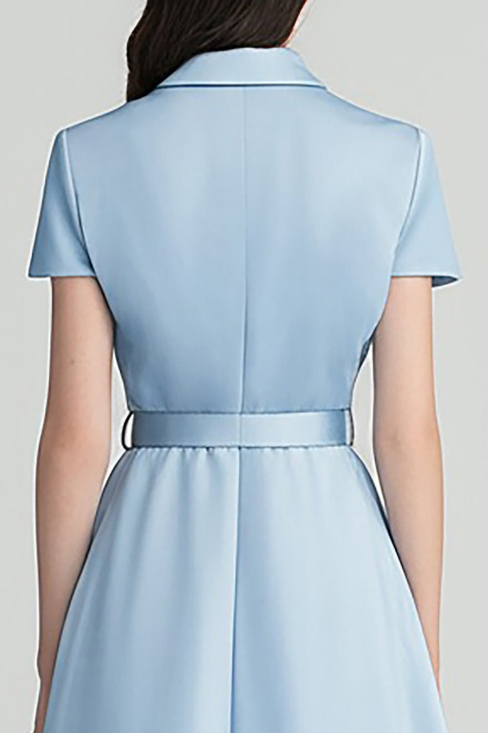 Sky Blue Notched Lapel A Line Midi Work Dress with Belt