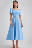 Sky Blue A Line Square Neck Work Dress with Belt