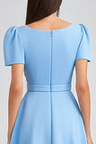 Sky Blue A Line Square Neck Work Dress with Belt