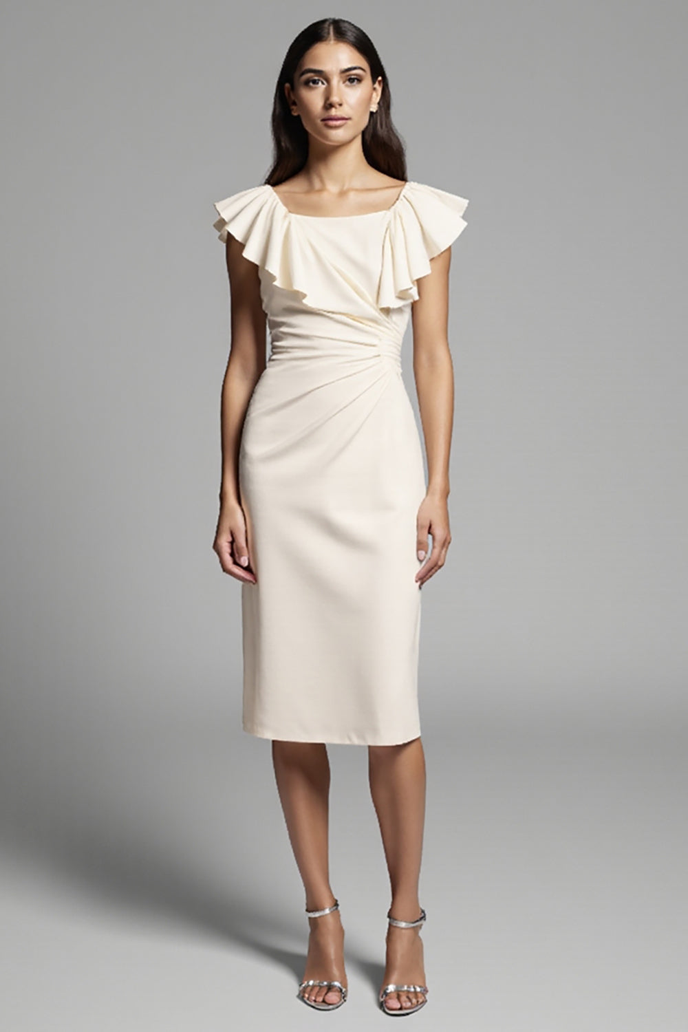 Square Neck Ruffled Sheath Ivory Midi Work Dress
