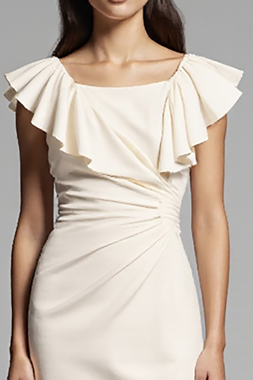 Square Neck Ruffled Sheath Ivory Midi Work Dress