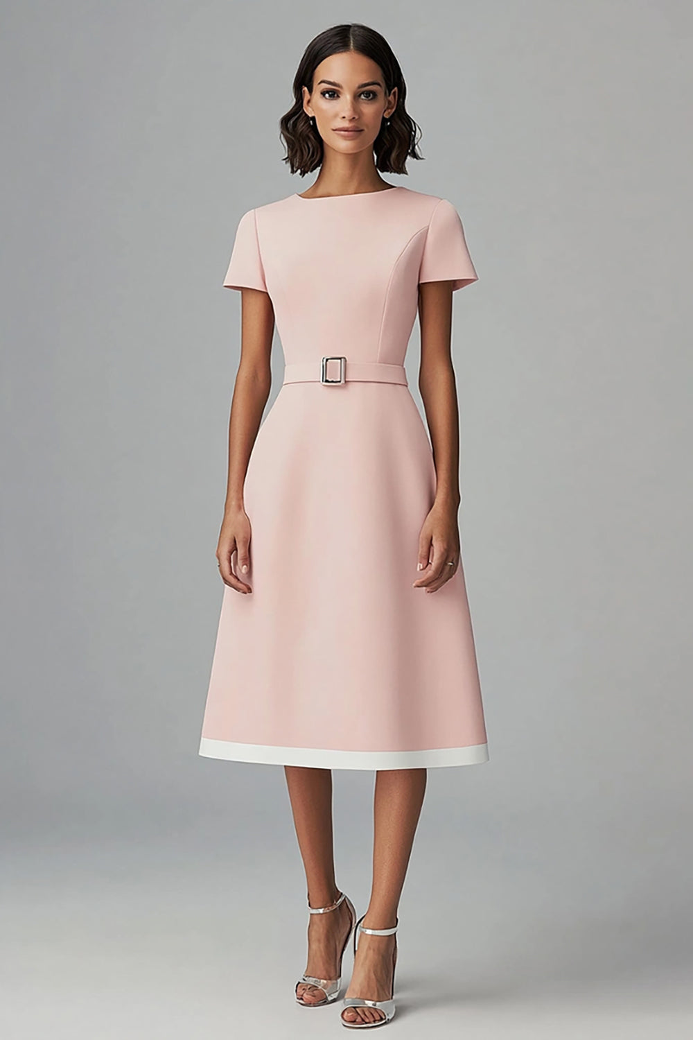 Boat Neck Pink A Line Work Dress with Belt