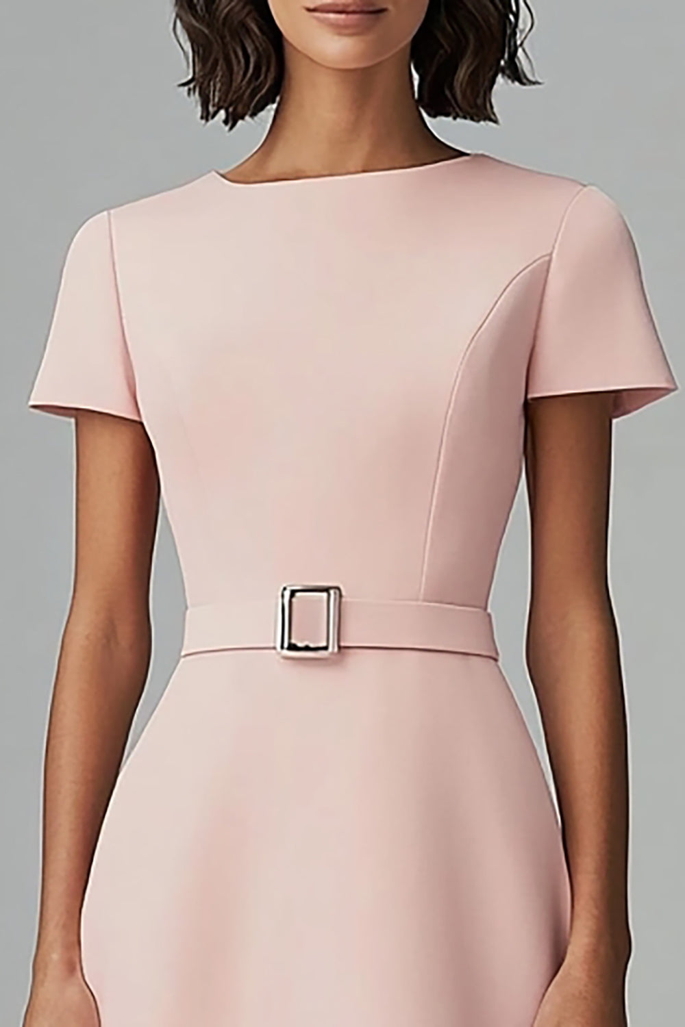 Boat Neck Pink A Line Work Dress with Belt