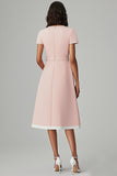 Boat Neck Pink A Line Work Dress with Belt