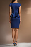 Dark Blue Bodycon 2-Piece Round Neck Ruffled Work Dress