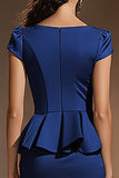 Dark Blue Bodycon 2-Piece Round Neck Ruffled Work Dress