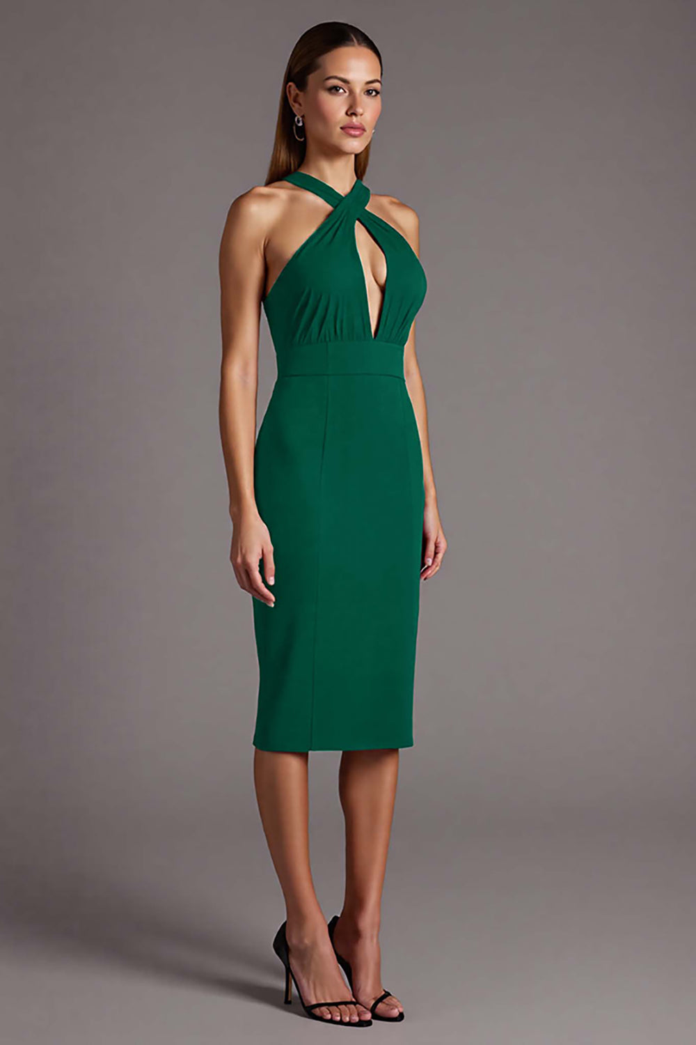 Burgundy Sheath Criss Cross Neck Cut Out Midi Formal Dress