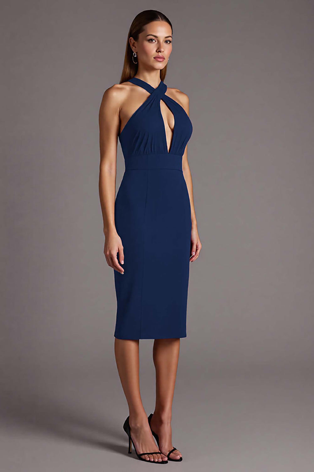 Burgundy Sheath Criss Cross Neck Cut Out Midi Formal Dress
