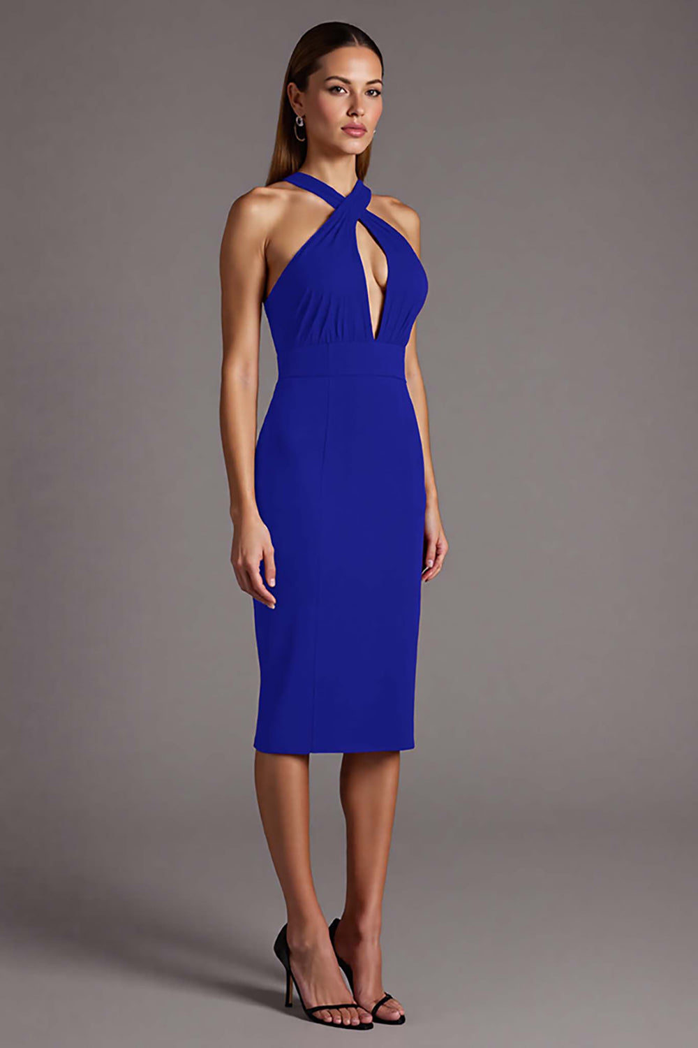 Burgundy Sheath Criss Cross Neck Cut Out Midi Formal Dress