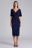 Sheath Short Sleeve Navy Midi Formal Dress