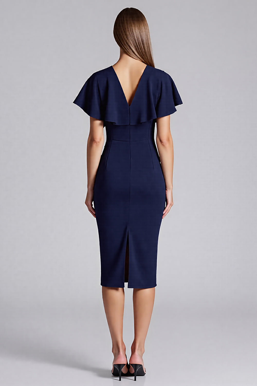 Sheath Short Sleeve Navy Midi Formal Dress