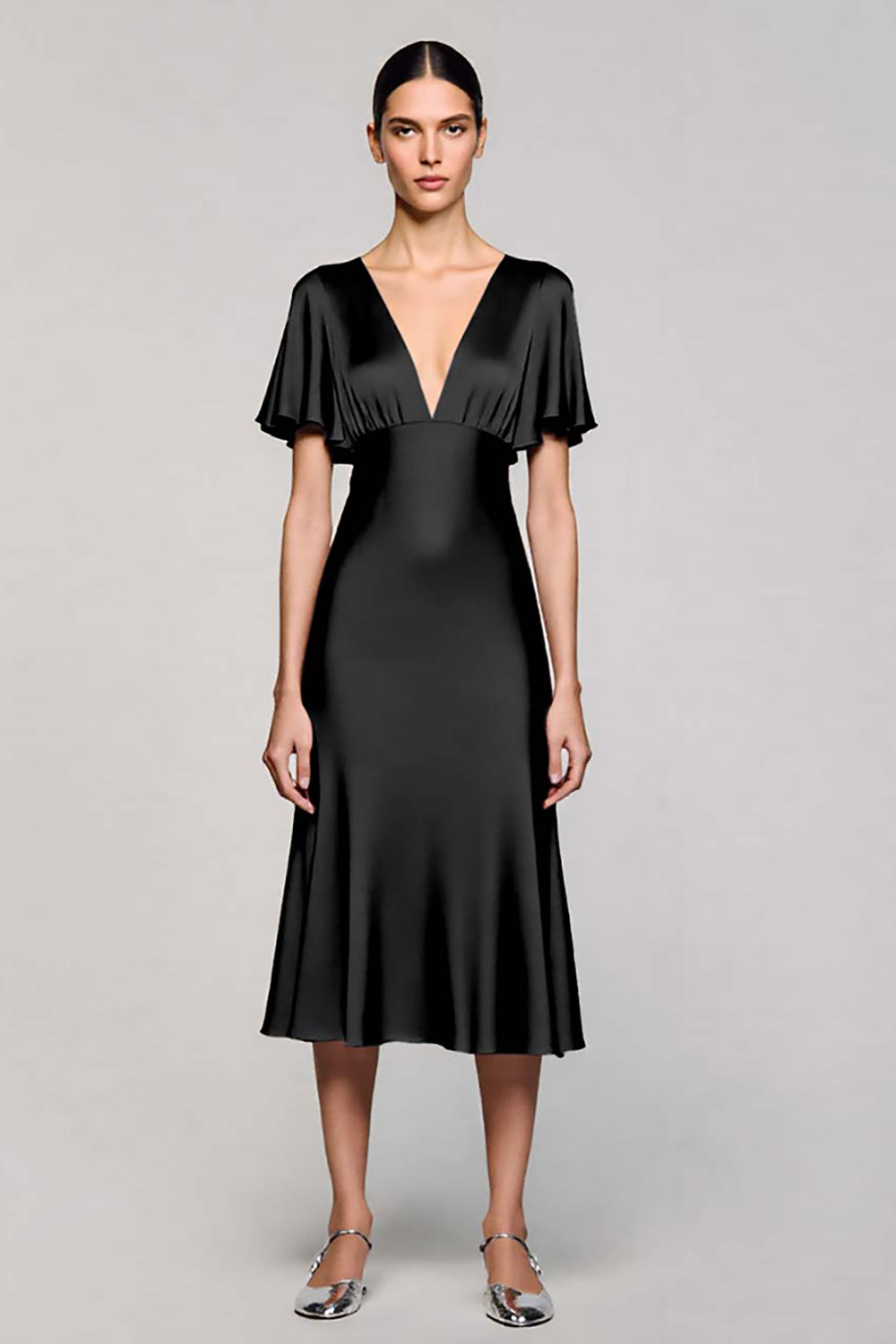 A Line Short Sleeve Grey Ruffled Midi Formal Dress