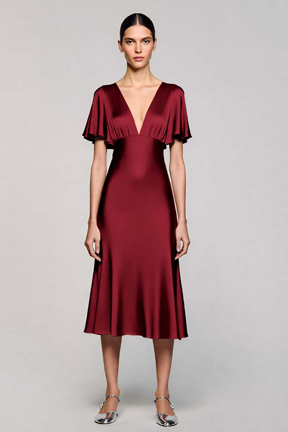 A Line Short Sleeve Grey Ruffled Midi Formal Dress