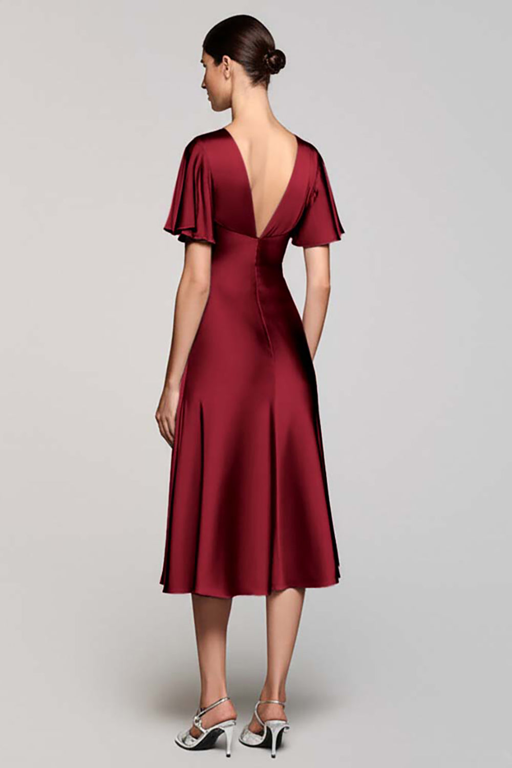 A Line Short Sleeve Grey Ruffled Midi Formal Dress