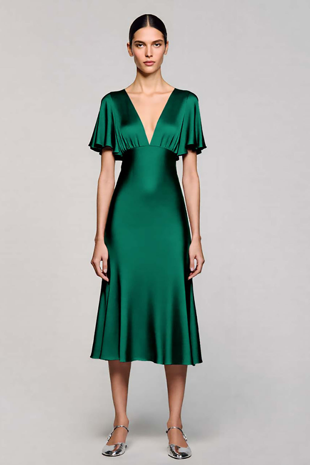 A Line Short Sleeve Grey Ruffled Midi Formal Dress