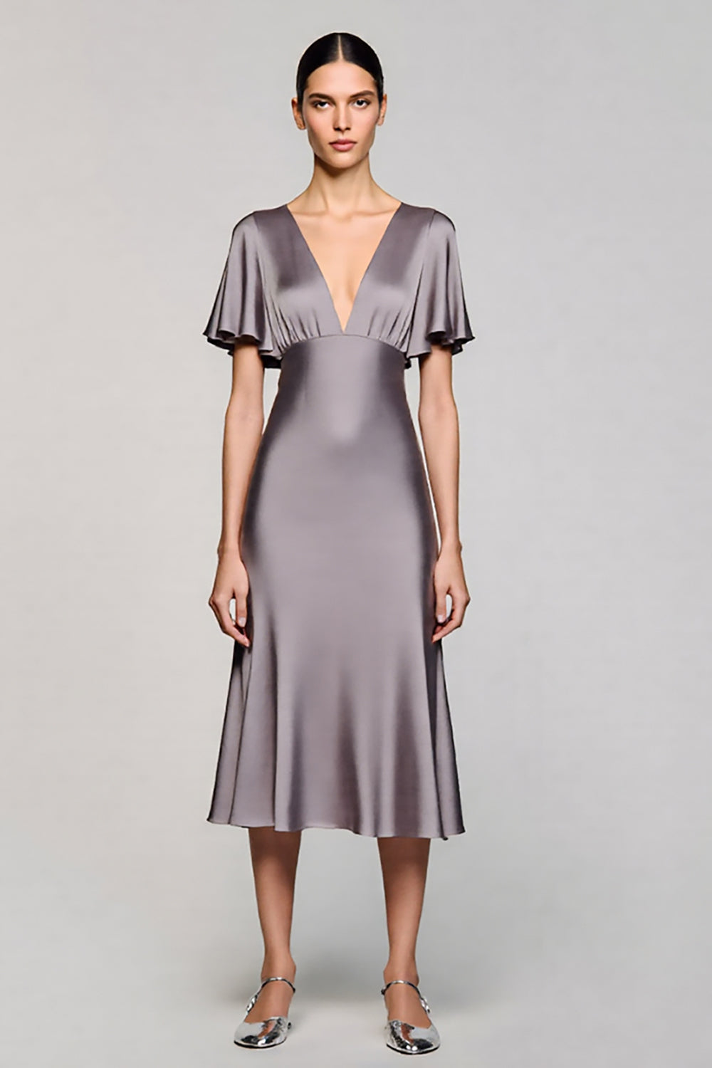 A Line Short Sleeve Grey Ruffled Midi Formal Dress