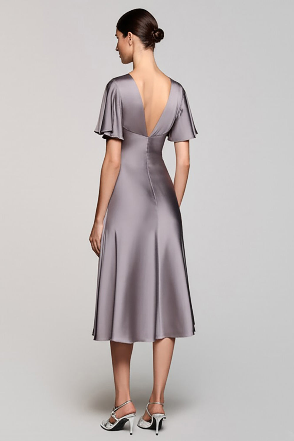 A Line Short Sleeve Grey Ruffled Midi Formal Dress