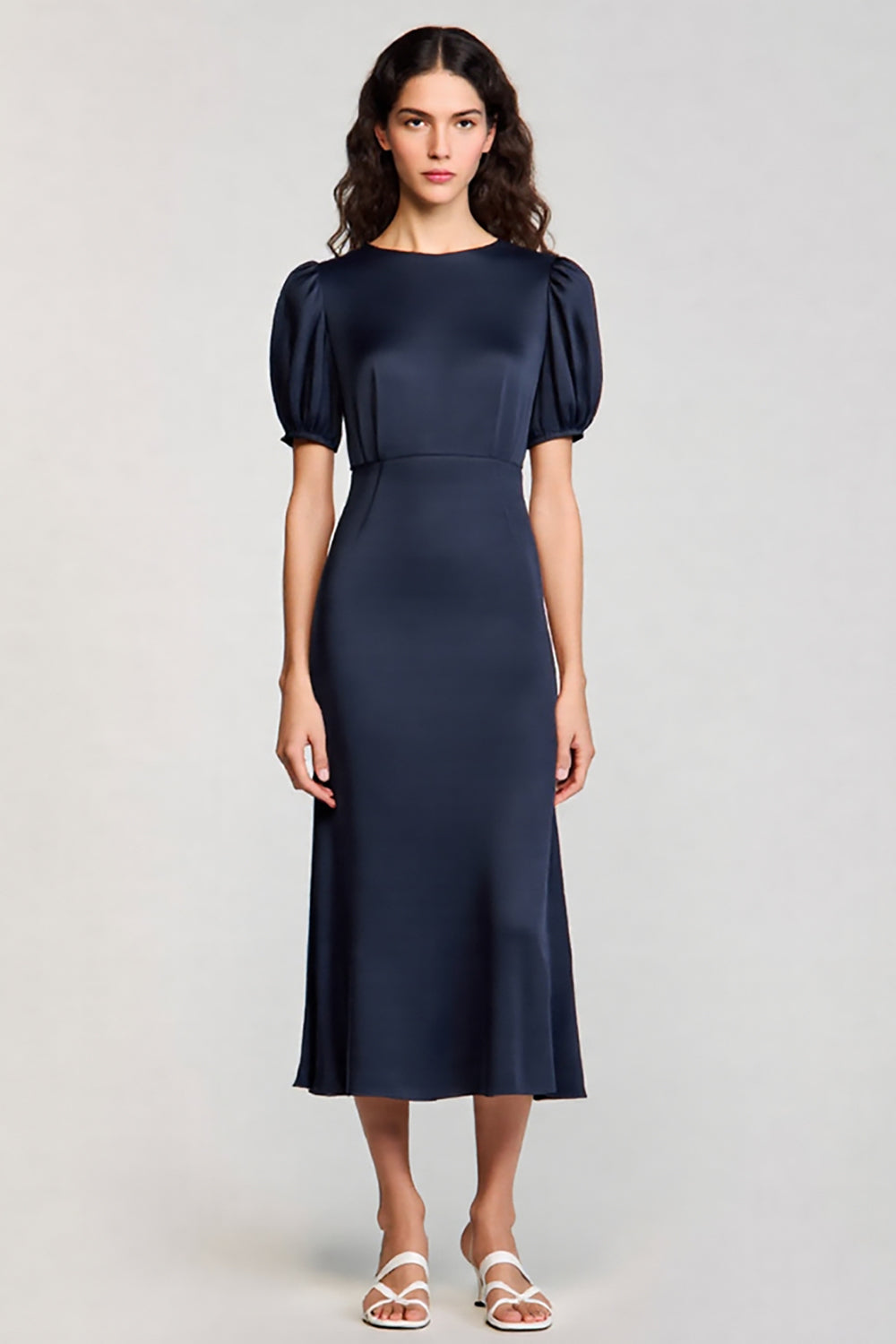 Navy Boat Neck Sheath Satin Long Formal Dress
