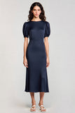 Navy Boat Neck Sheath Satin Long Formal Dress