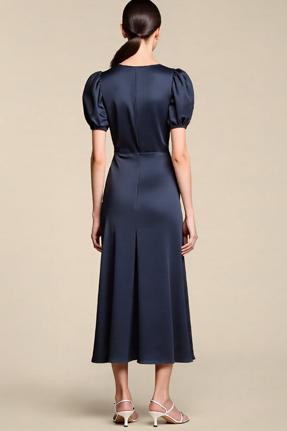 Navy Boat Neck Sheath Satin Long Formal Dress