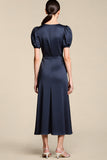 Navy Boat Neck Sheath Satin Long Formal Dress