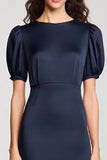 Navy Boat Neck Sheath Satin Long Formal Dress