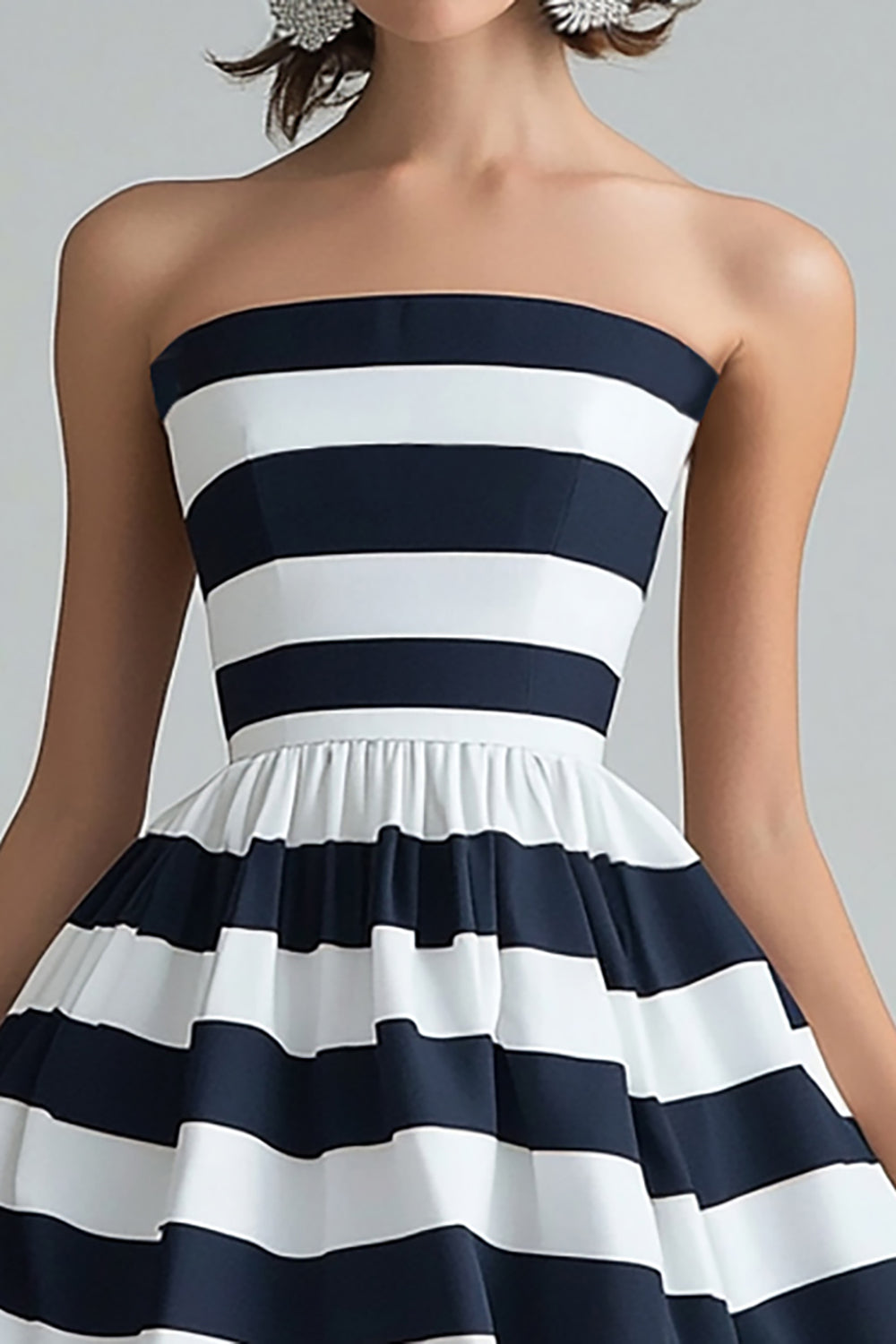Navy White Stripe Strapless A Line Midi Formal Dress
