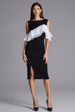 Ivory and Black Cold Shoulder Sheath Formal Dress with Ruffles