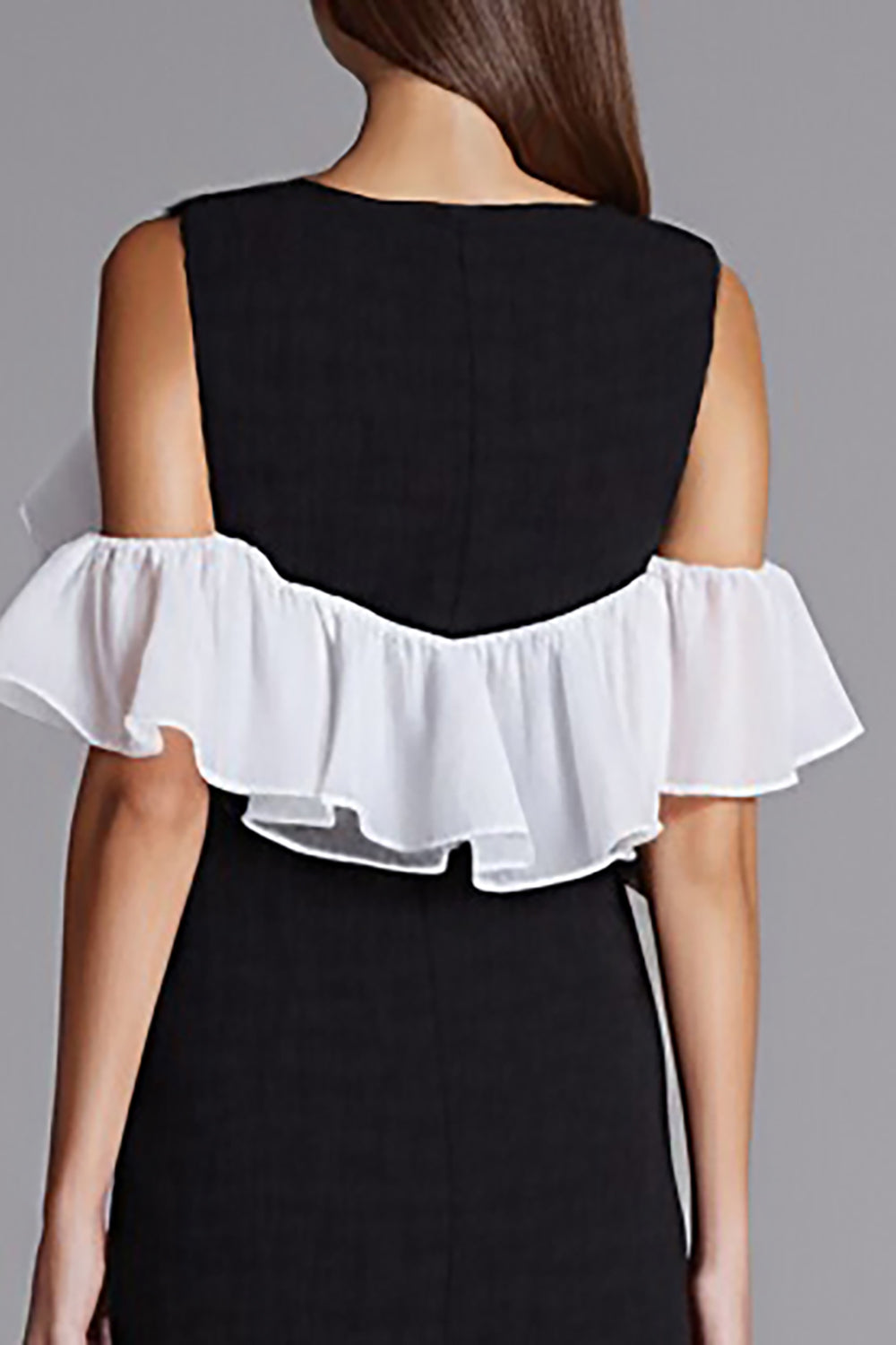 Ivory and Black Cold Shoulder Sheath Formal Dress with Ruffles
