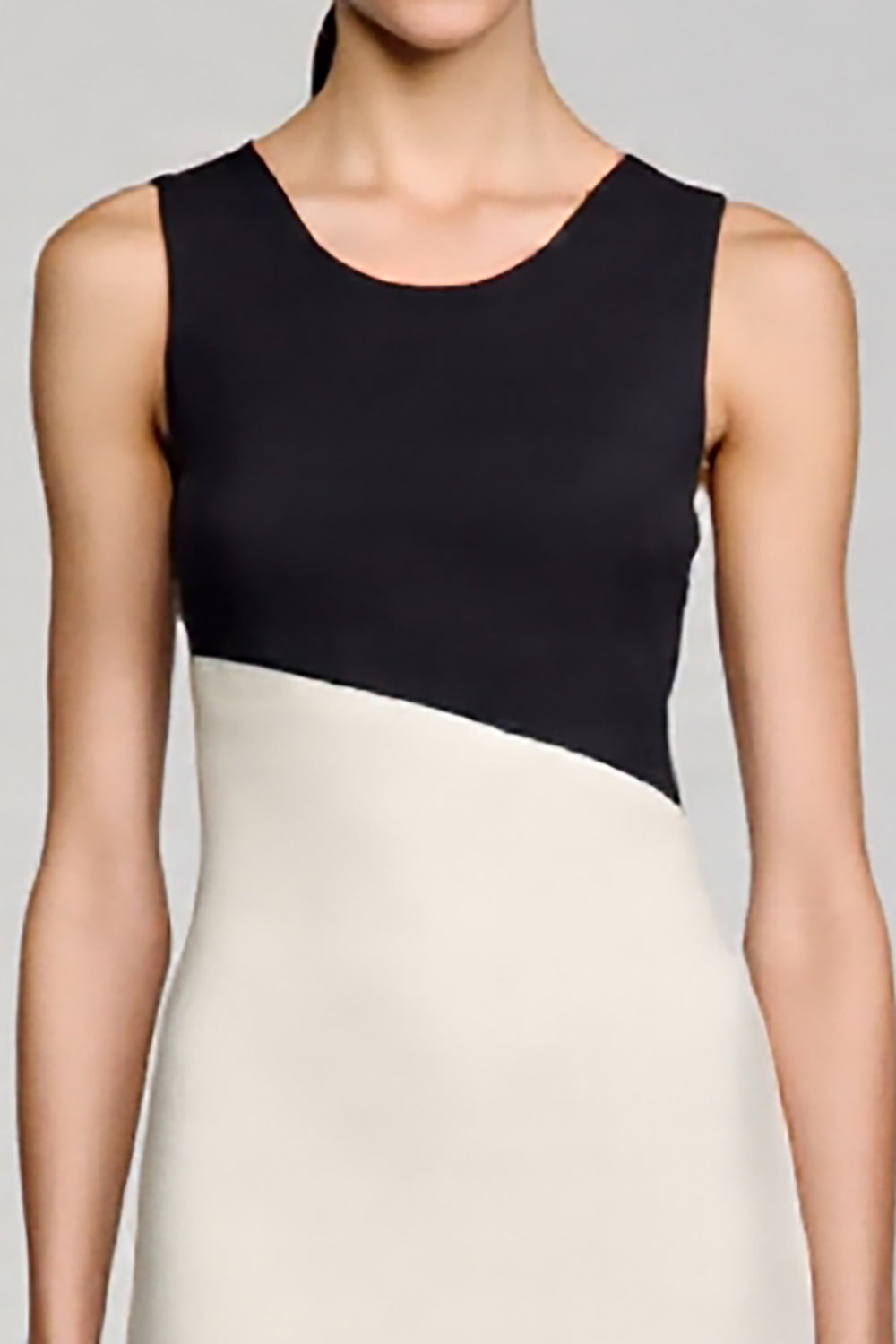 Ivory and Black Scoop Neck Sheath Formal Dress with Ruffles