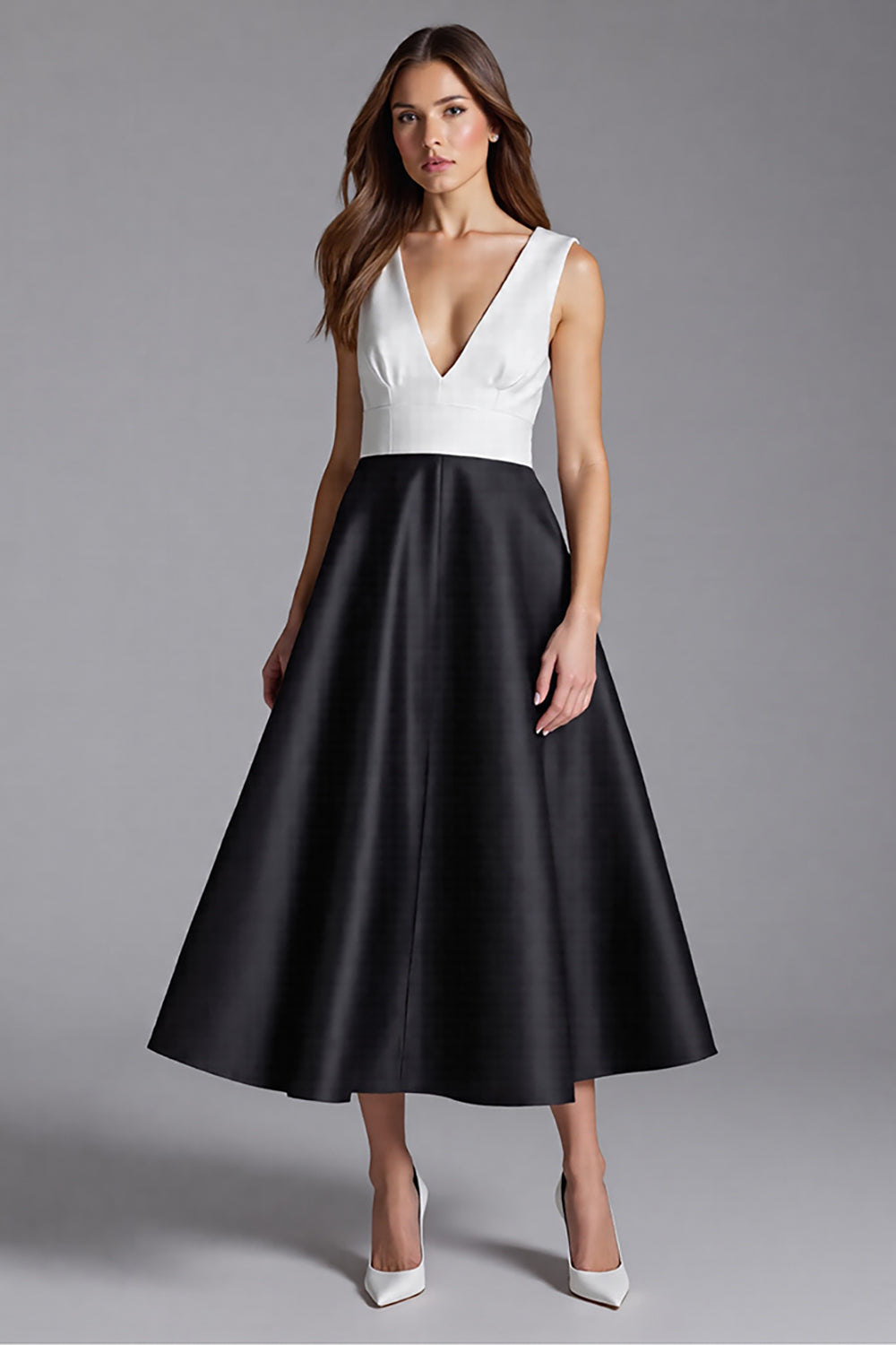 Ivory and Black V Neck A Line Satin Formal Dress