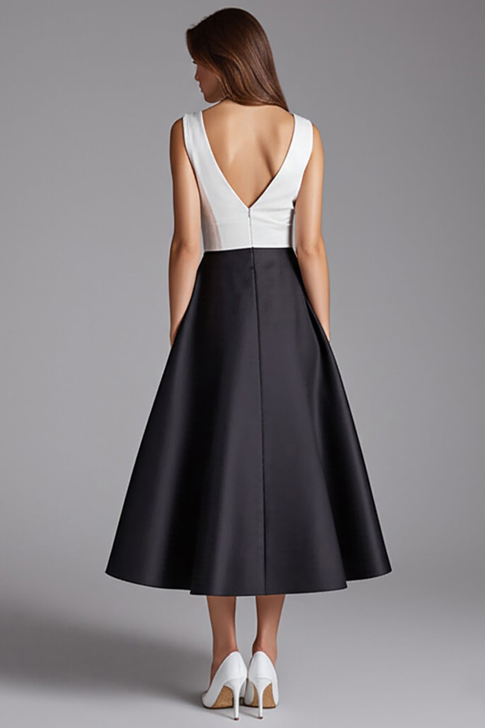 Ivory and Black V Neck A Line Satin Formal Dress