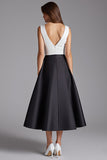 Ivory and Black V Neck A Line Satin Formal Dress