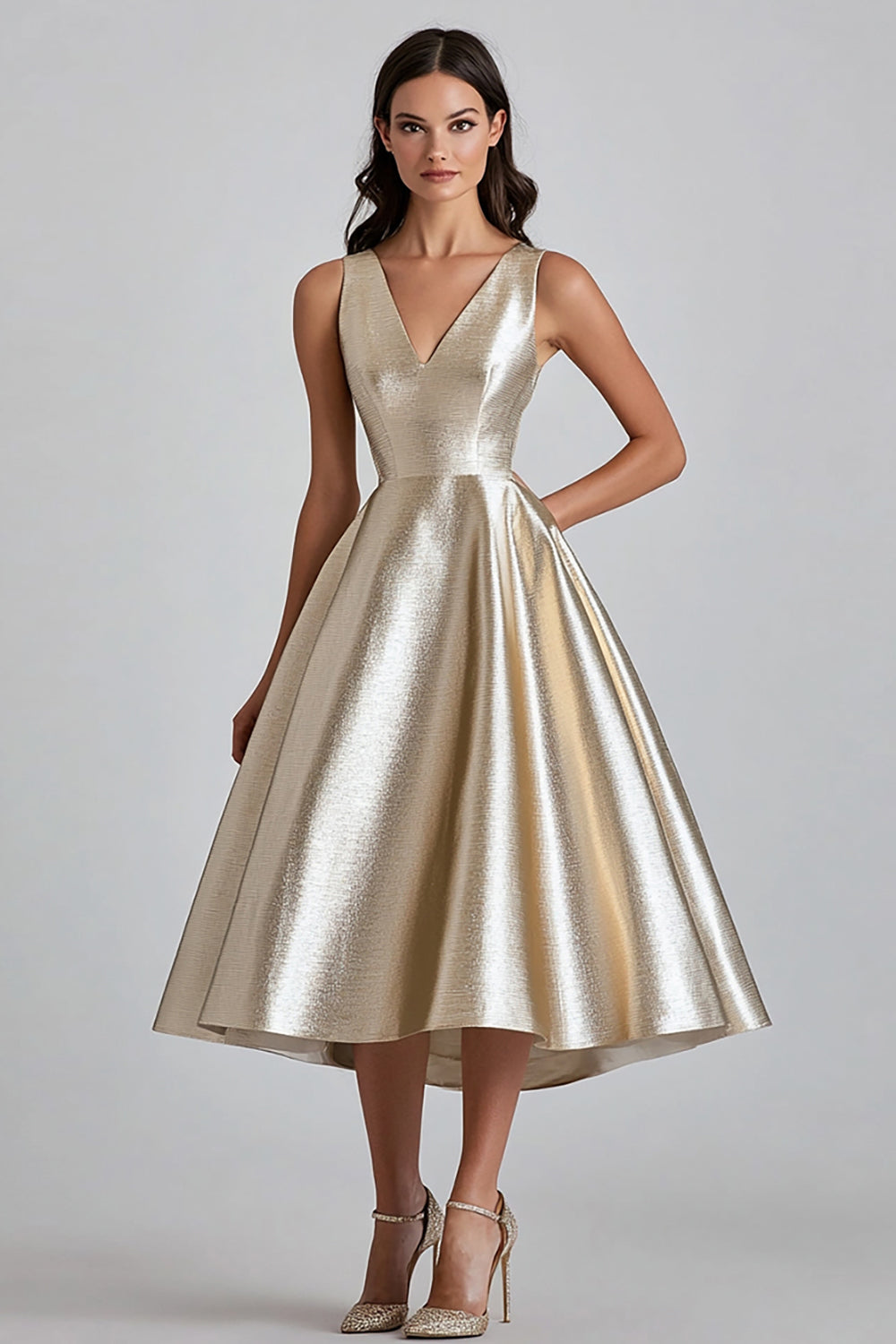 Metallic Champagne V Neck A Line Midi Formal Dress