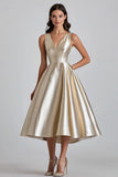 Metallic Champagne V Neck A Line Midi Formal Dress