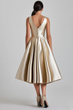 Metallic Champagne V Neck A Line Midi Formal Dress