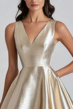 Metallic Champagne V Neck A Line Midi Formal Dress