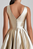 Metallic Champagne V Neck A Line Midi Formal Dress