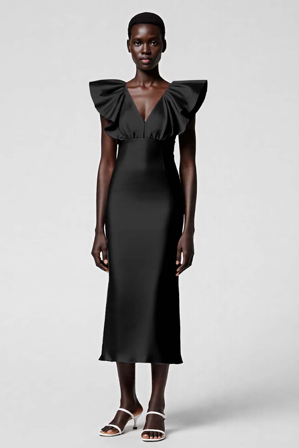 Taro Purple V Neck Sheath Ruffled Midi Formal Dress