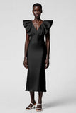 Taro Purple V Neck Sheath Ruffled Midi Formal Dress