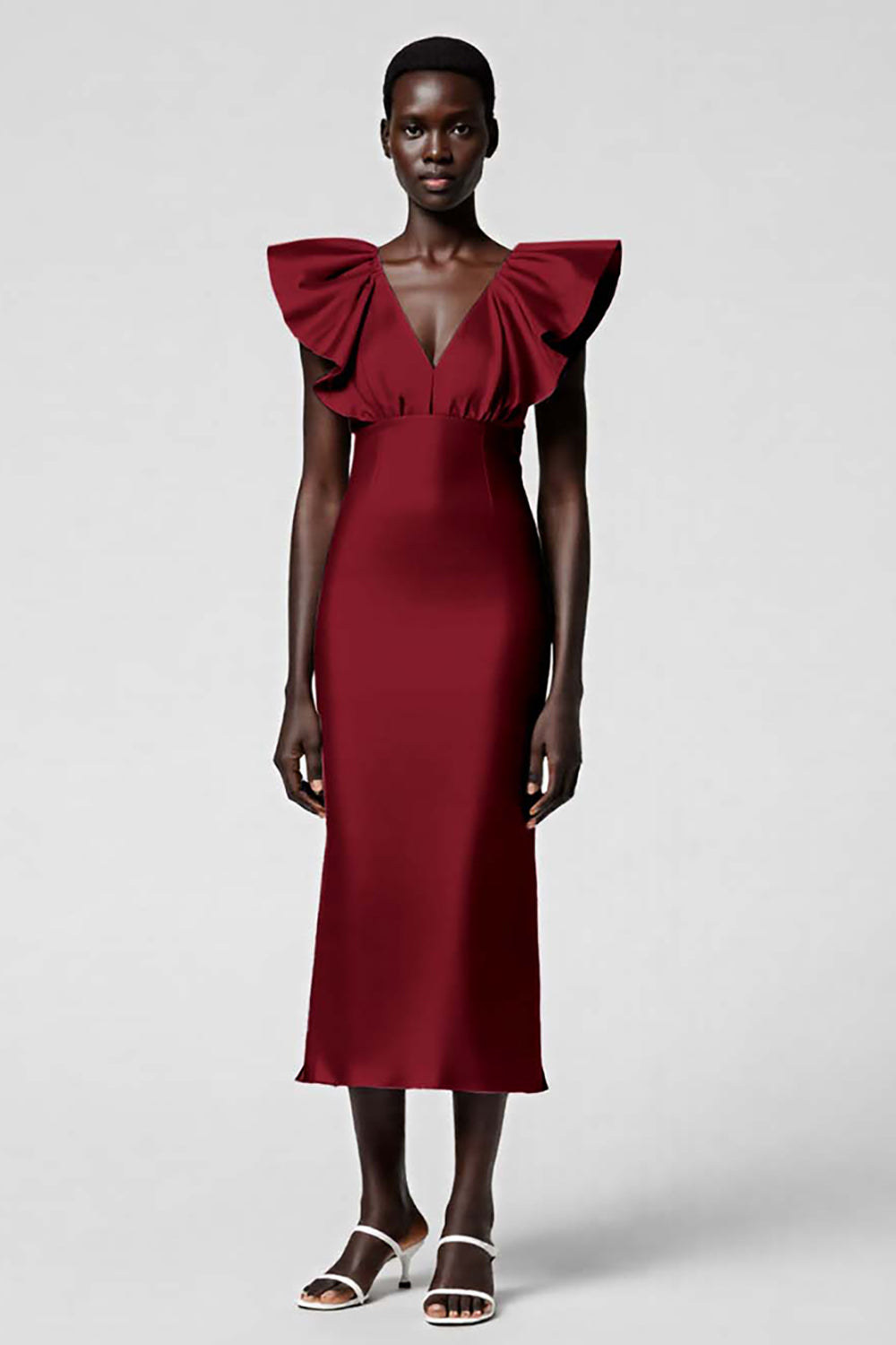 Taro Purple V Neck Sheath Ruffled Midi Formal Dress