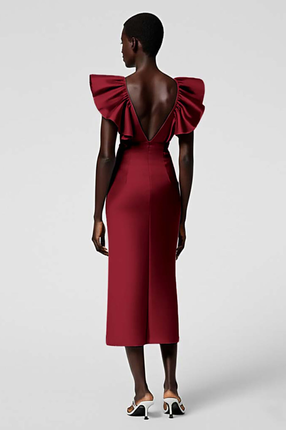 Taro Purple V Neck Sheath Ruffled Midi Formal Dress