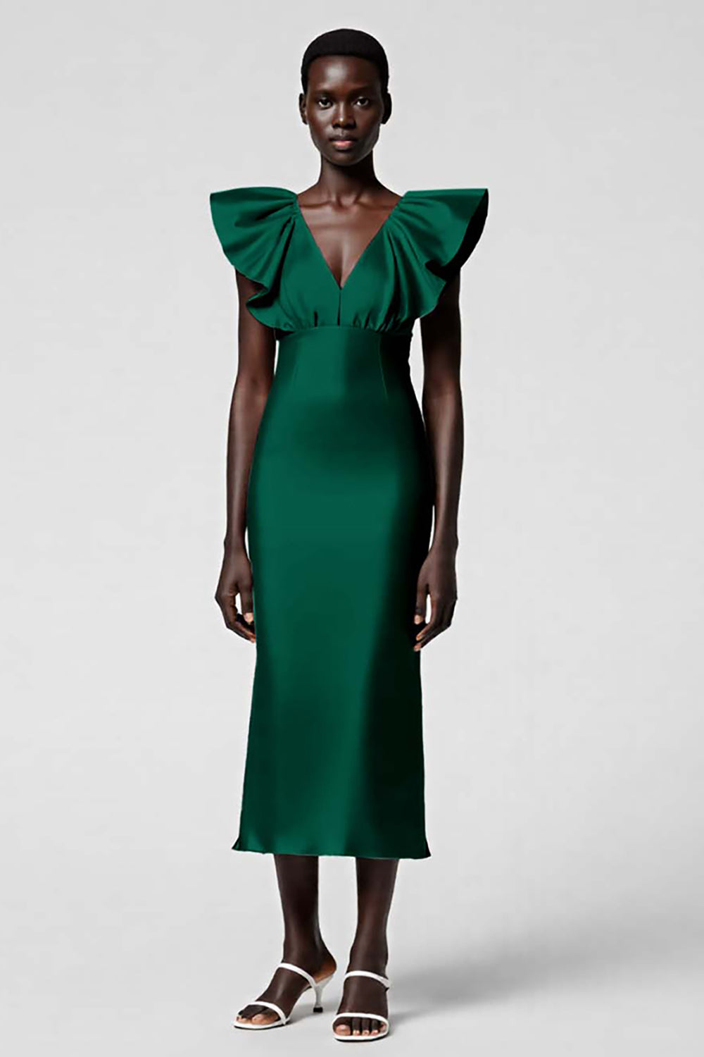 Taro Purple V Neck Sheath Ruffled Midi Formal Dress