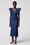Taro Purple V Neck Sheath Ruffled Midi Formal Dress